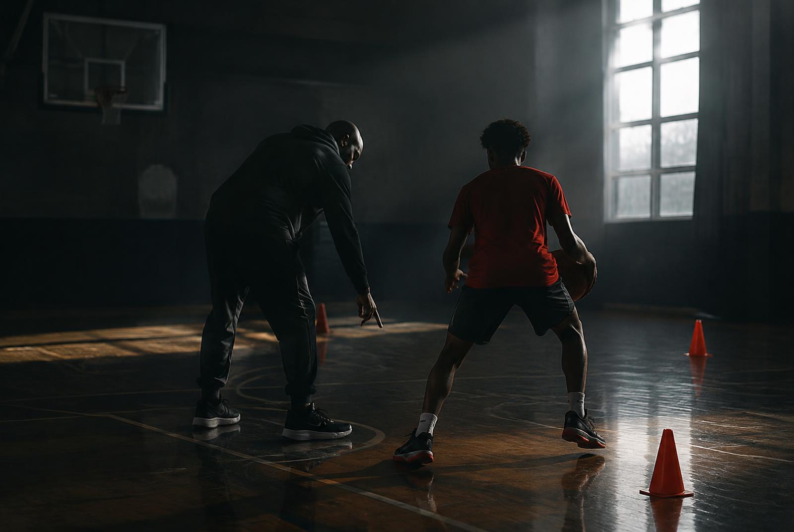 Coach guiding a young player through footwork drills